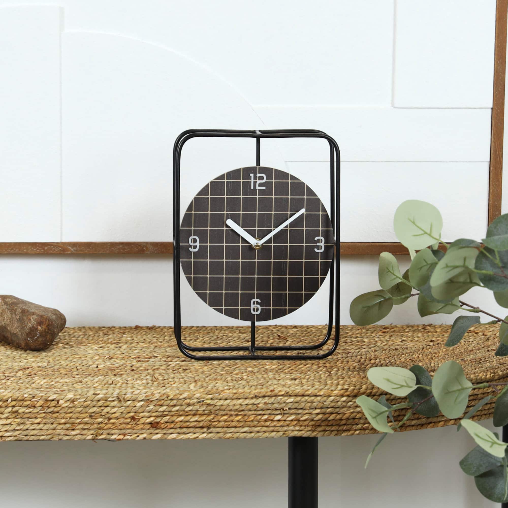 10" Black Metal Geometric Open Frame Clock with Grid Patterned Clockface